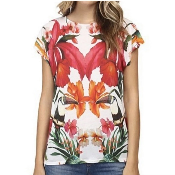 TED Baker London Keyyle Tropical Toucan Lyocell T-shirt Top Women’s Size 1 XS - Picture 1 of 10